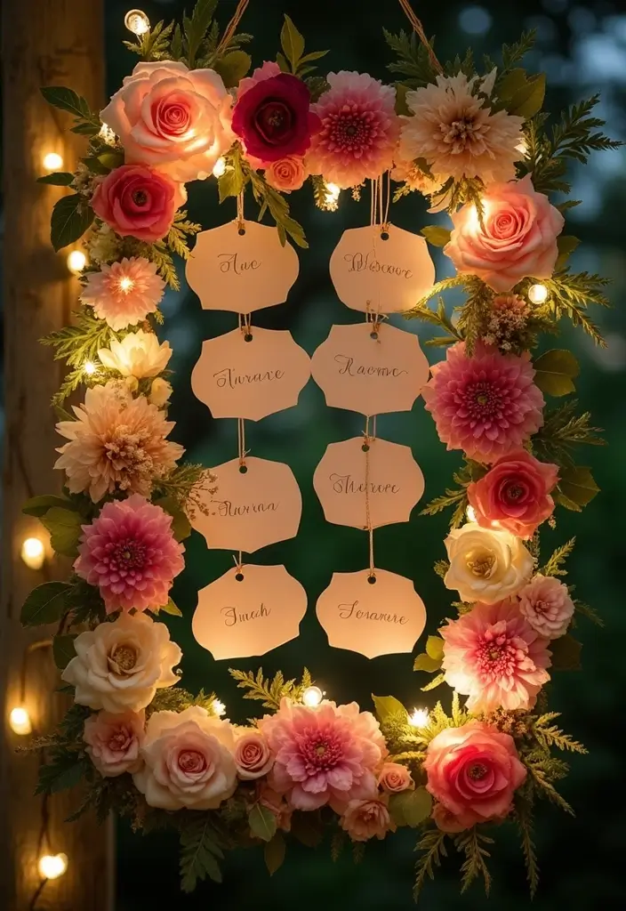 26 Seating Chart Wedding Ideas That Wow Your Guests - 4. Hanging Floral Frame