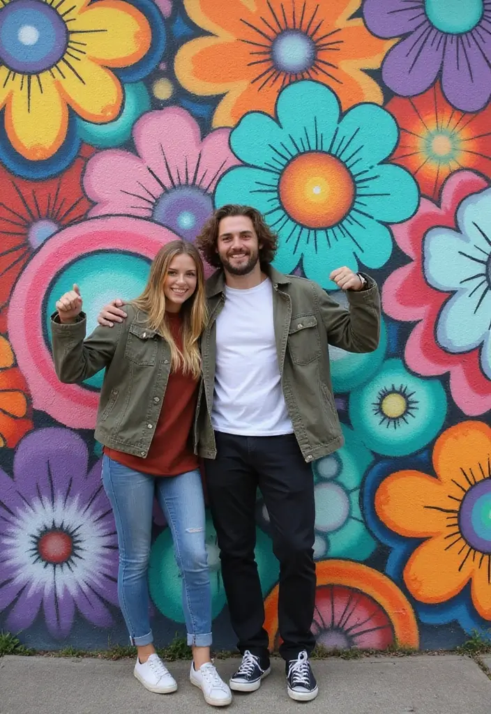 27 Engagement Photos Ideas That Tell Your Love Story - 22. Artistic Mural Backdrop