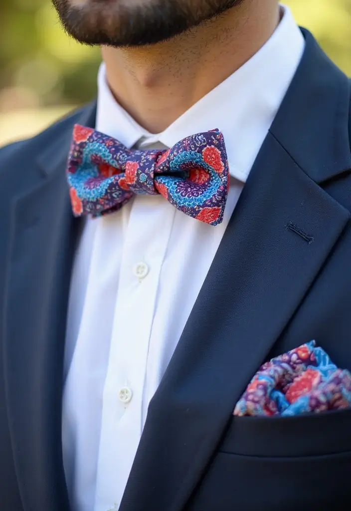 27 Groom Suit Ideas That Fit Every Style - 17. Printed Bow Tie and Accessories