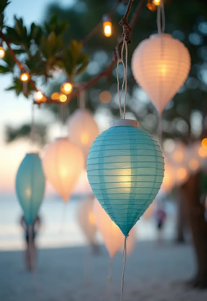 27 Light Blue Wedding Decorations Backdrop Ideas That Feel Dreamy - 10. Light Blue and White Paper Lanterns
