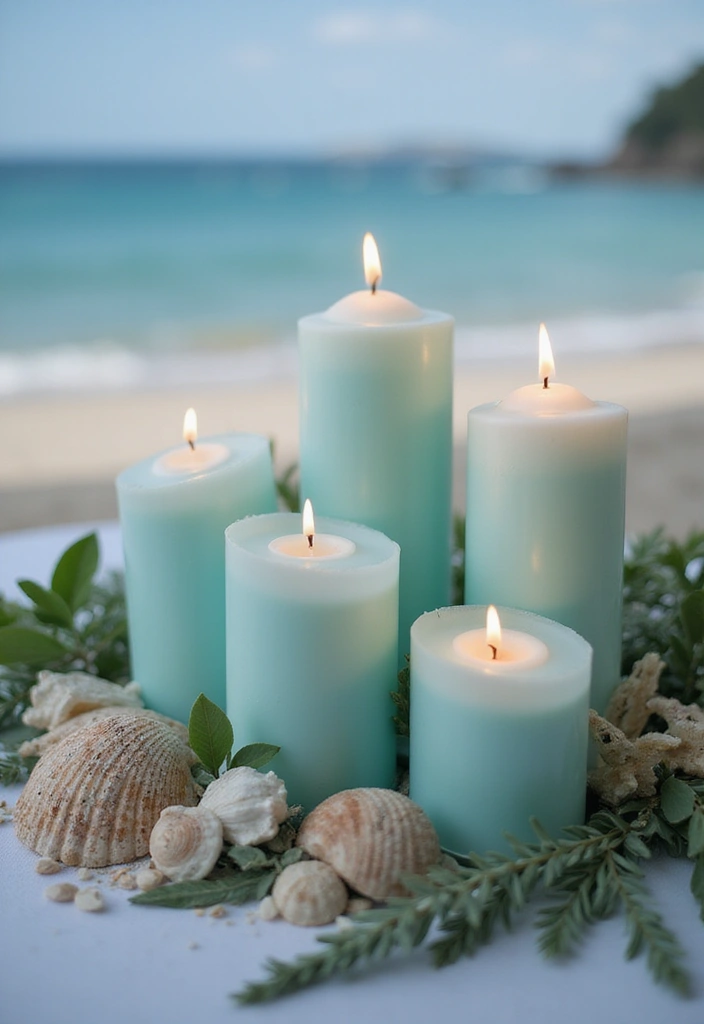 27 Light Blue Wedding Decorations Backdrop Ideas That Feel Dreamy - 17. Light Blue Candle Displays