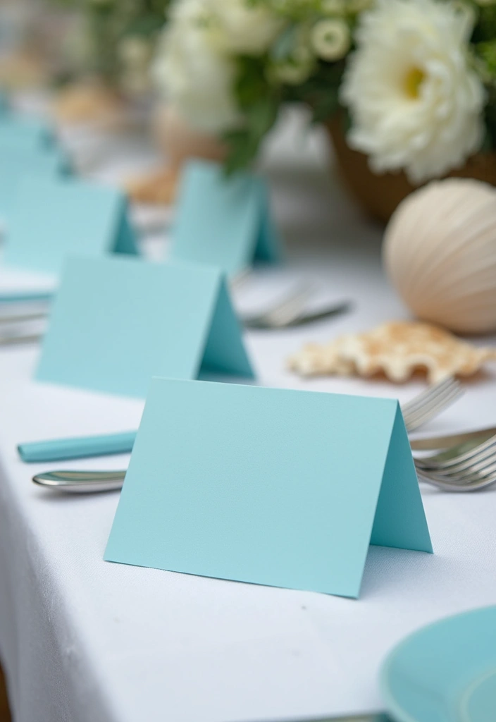 27 Light Blue Wedding Decorations Backdrop Ideas That Feel Dreamy - 18. Light Blue Table Name Cards