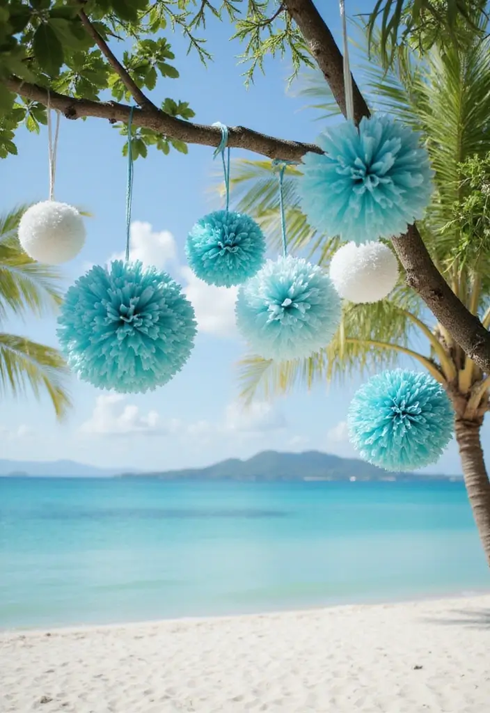 27 Light Blue Wedding Decorations Backdrop Ideas That Feel Dreamy - 19. Light Blue and White Pompoms