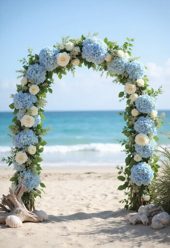 27 Light Blue Wedding Decorations Backdrop Ideas That Feel Dreamy - 2. Marine-Inspired Floral Arches