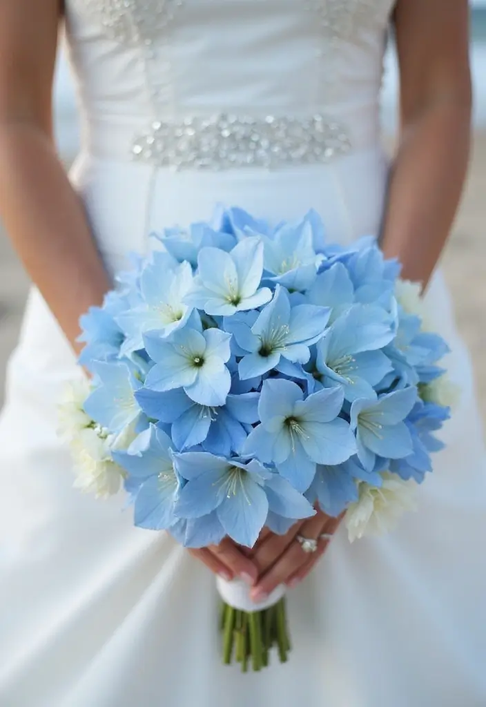 27 Light Blue Wedding Decorations Backdrop Ideas That Feel Dreamy - 20. Light Blue Floral Bouquets