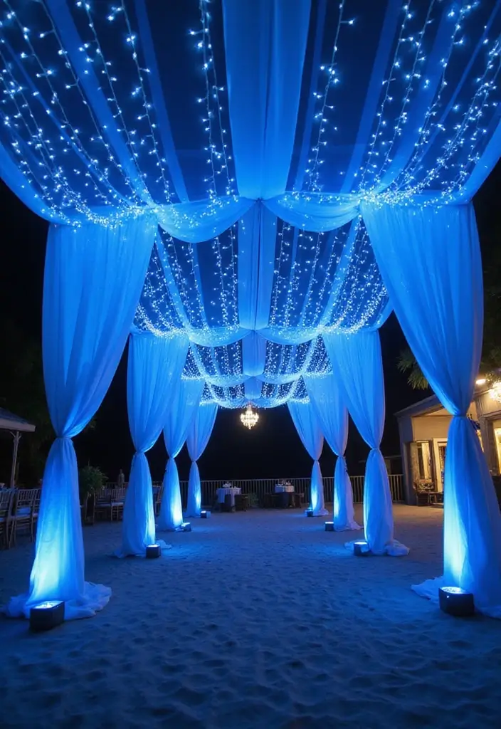 27 Light Blue Wedding Decorations Backdrop Ideas That Feel Dreamy - 21. Light Blue Fairy Light Canopies