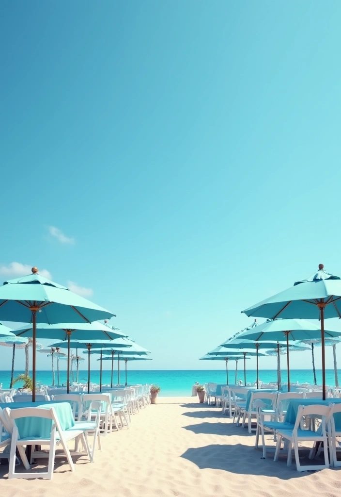 27 Light Blue Wedding Decorations Backdrop Ideas That Feel Dreamy - 22. Light Blue Beach Umbrellas