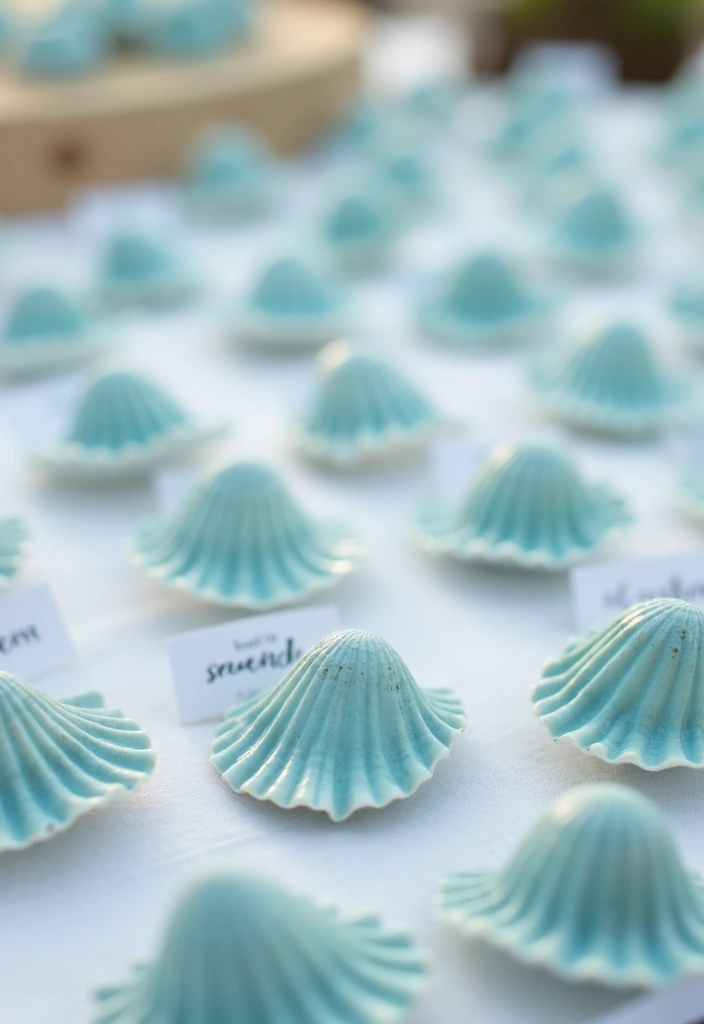 27 Light Blue Wedding Decorations Backdrop Ideas That Feel Dreamy - 23. Light Blue Seashell Place Holders
