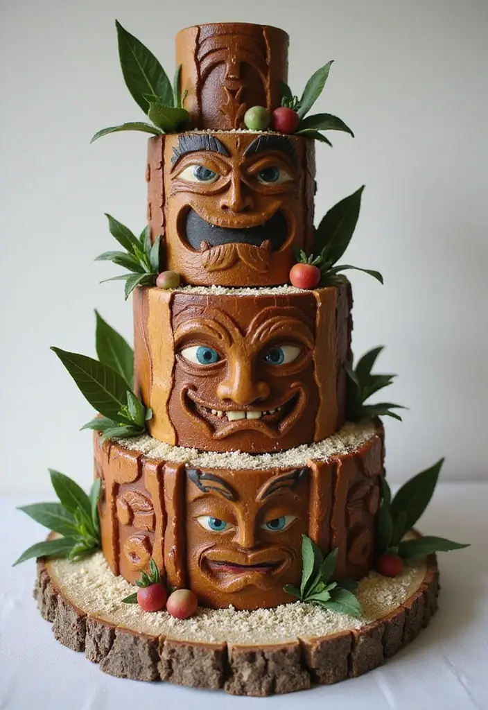 27 Moana Cake Ideas With Tropical Charm - 17. Tiki Totem Tiers