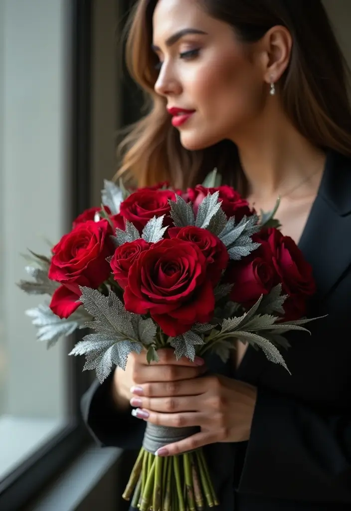 27 Red Prom Bouquet Ideas That Pop With Color - 19. Elegant Red and Silver Design