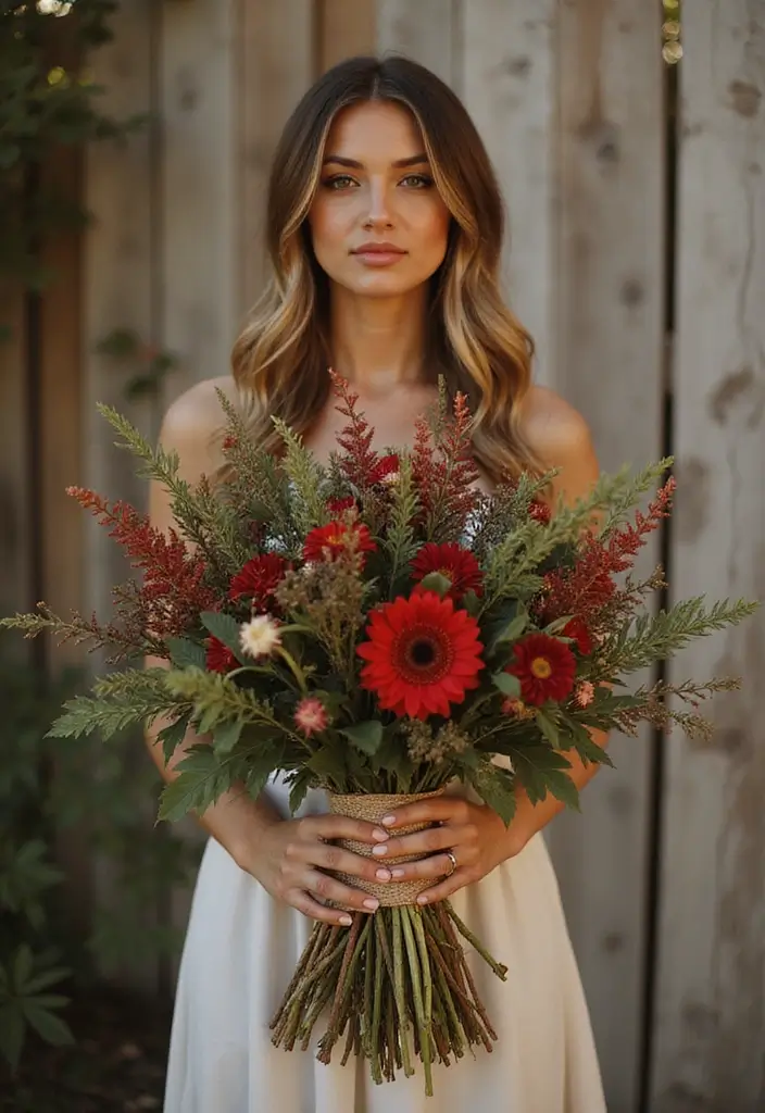 27 Red Prom Bouquet Ideas That Pop With Color - 2. Rustic Wildflower Mix