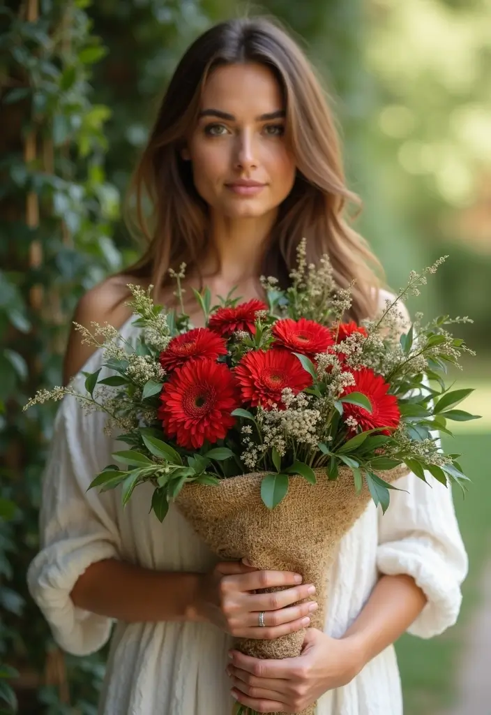 27 Red Prom Bouquet Ideas That Pop With Color - 26. Textured Red and Greenery