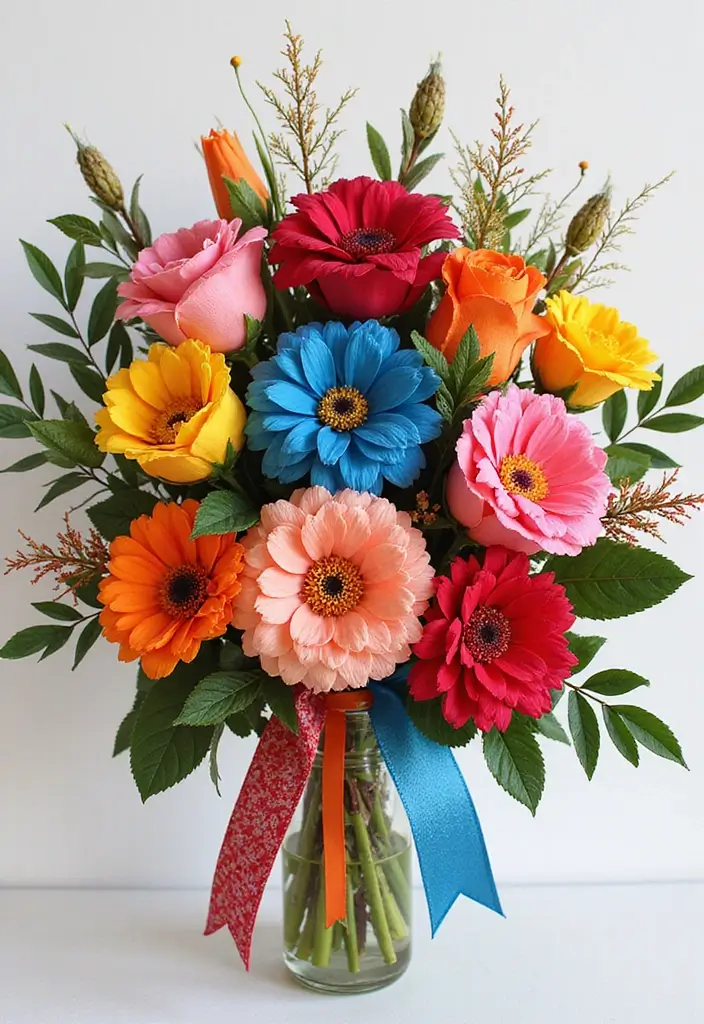 27 Ribbon Bouquet Ideas That Look Beautiful - 13. Color Blocking Fun