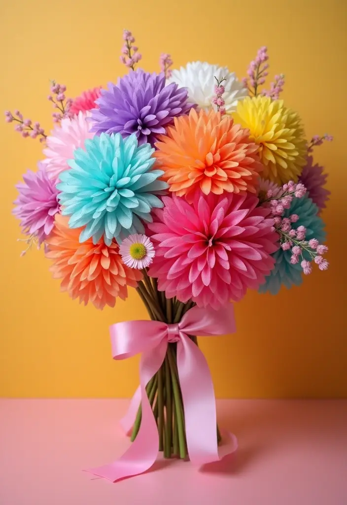 27 Ribbon Bouquet Ideas That Look Beautiful - 20. Layered Ribbon Pom-Poms