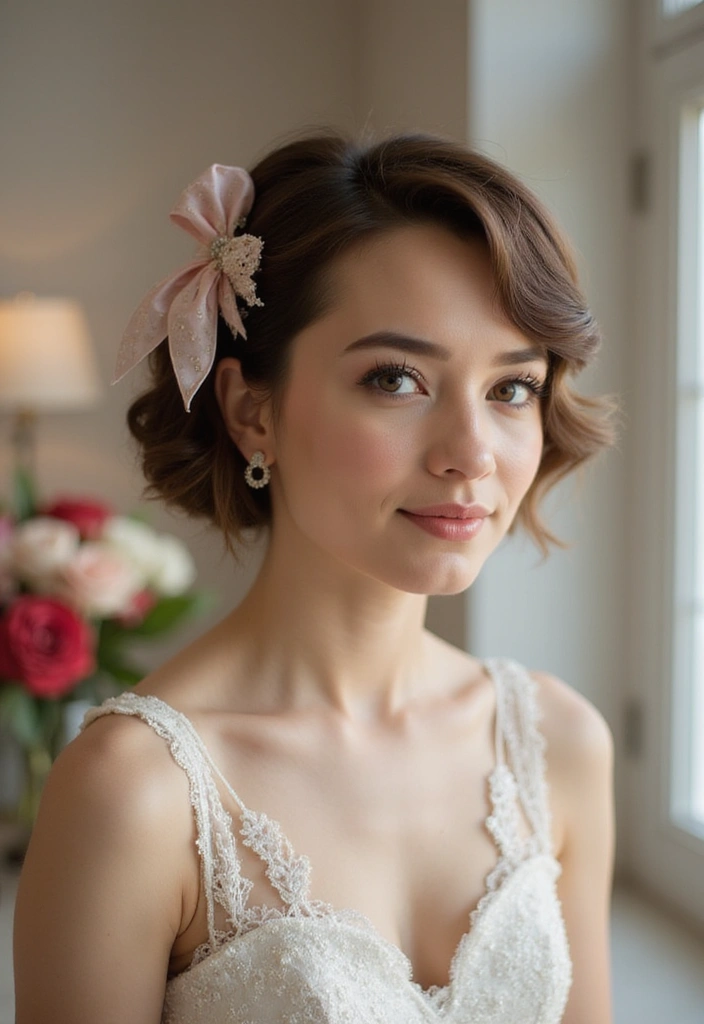 27 Short Hair Wedding Ideas That Look Stunning - 13. Short Hair with a Vintage Bow