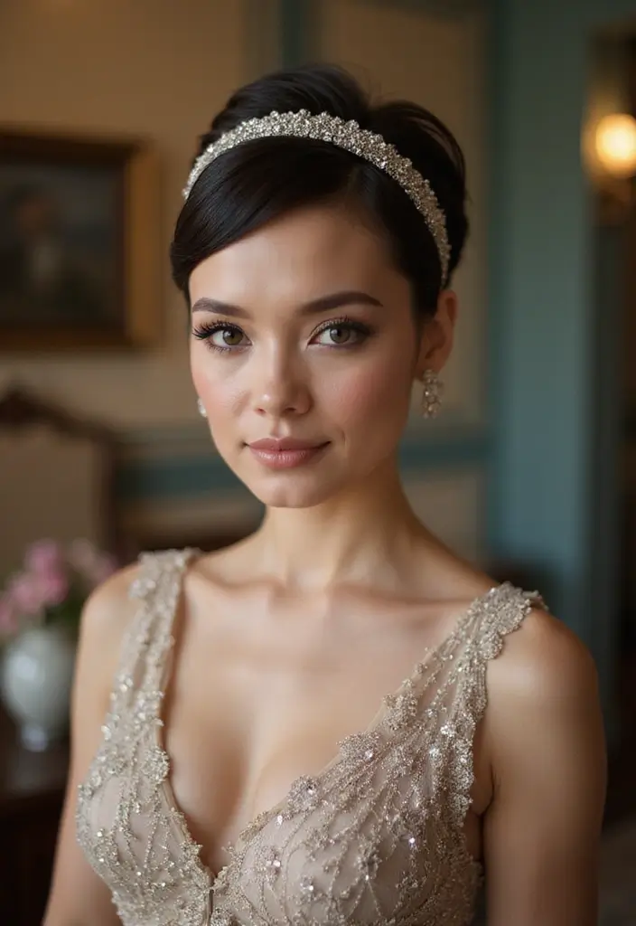 27 Short Hair Wedding Ideas That Look Stunning - 2. Chic Pixie Cut with Statement Accessories