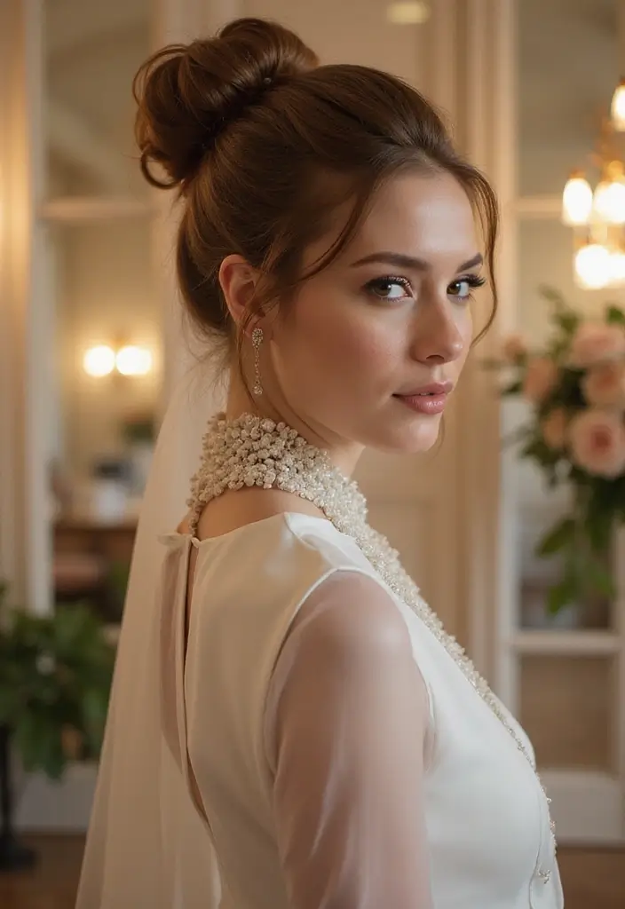 27 Short Hair Wedding Ideas That Look Stunning - 24. Short Hair with a Classic Bun