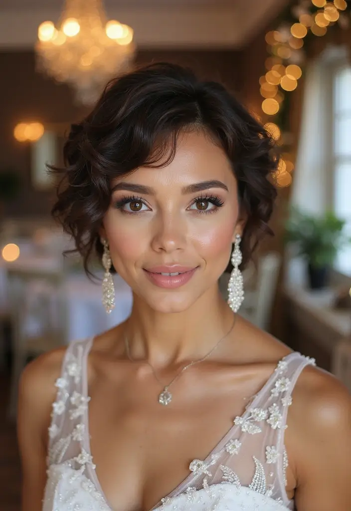 27 Short Hair Wedding Ideas That Look Stunning - 9. Short Curly Hair with Sparkling Accessories