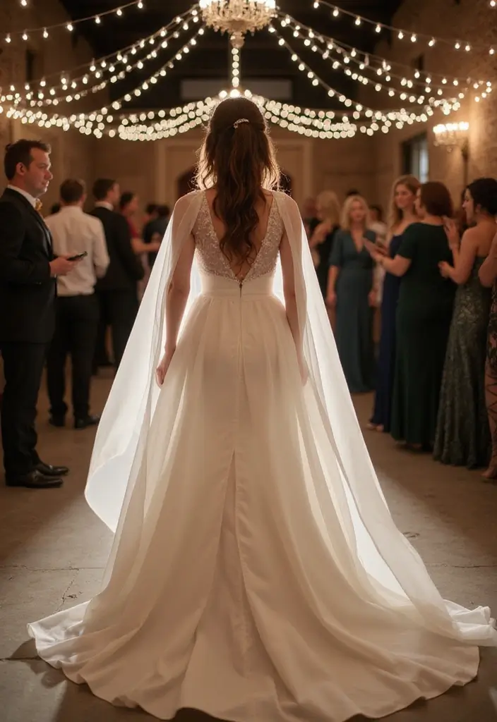 27 Wedding Exit Outfit Ideas That Sparkle At Goodbye - 10. Glamorous Cape Dress