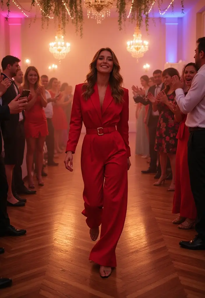 27 Wedding Exit Outfit Ideas That Sparkle At Goodbye - 15. Bold Color Contrast