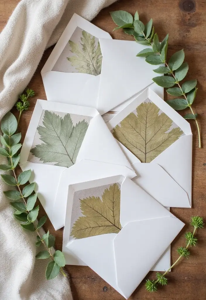 27 Wedding Invitation Envelope Ideas That Impress - 13. Envelope Liners Made of Leaves