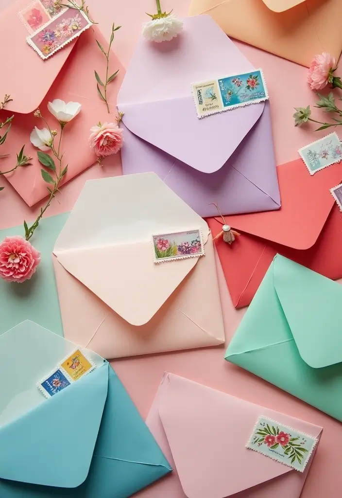 27 Wedding Invitation Envelope Ideas That Impress - 19. Colorful Envelopes with Stamps