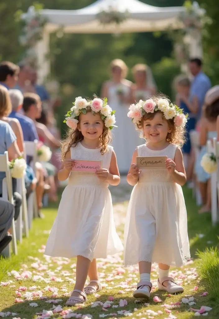 28 Bridal Party Entrance Ideas That Wow the Crowd - 25. Flower Girls with Signs