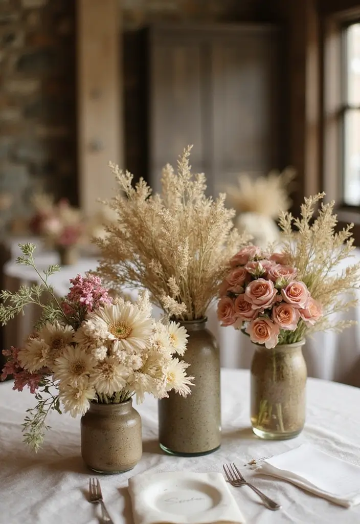 28 Bridal Party Table Ideas That Look Polished and Perfect - 16. Natural Dried Flower Arrangements