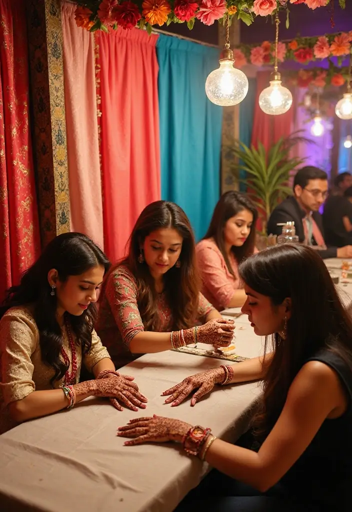 28 Engagement Decoration Ideas Indian Style That Sparkle - 19. Festive Mehndi (Henna) Station