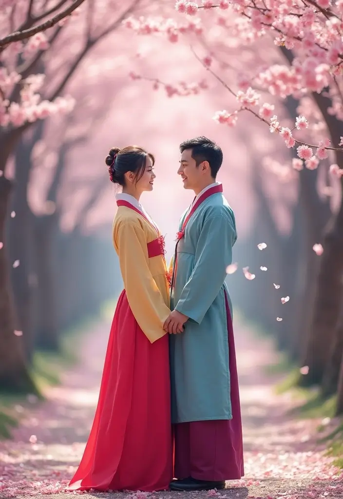 28 Korean Prenup Photoshoot Ideas That Feel Cinematic - 1. Hanbok in the Cherry Blossom Lane