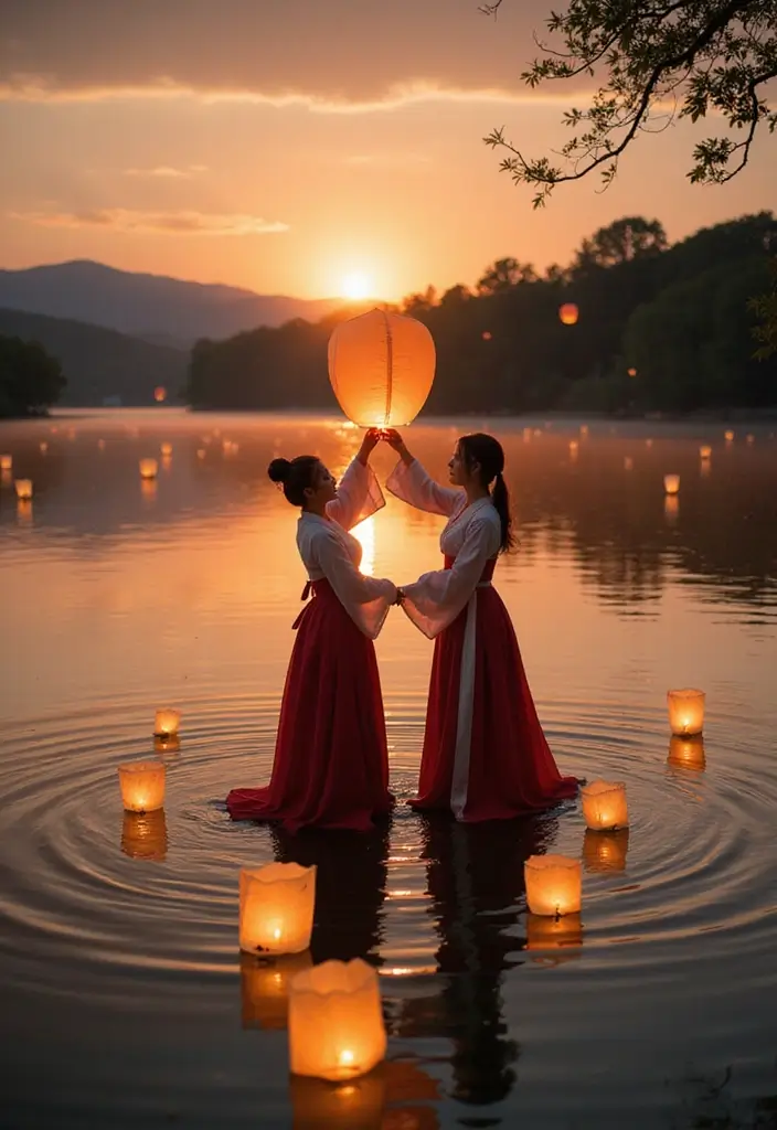 28 Korean Prenup Photoshoot Ideas That Feel Cinematic - 15. Floating Lanterns on a Lake