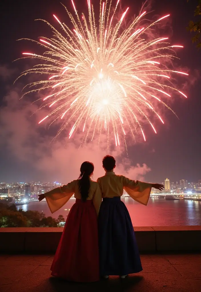 28 Korean Prenup Photoshoot Ideas That Feel Cinematic - 17. Colorful Fireworks Display