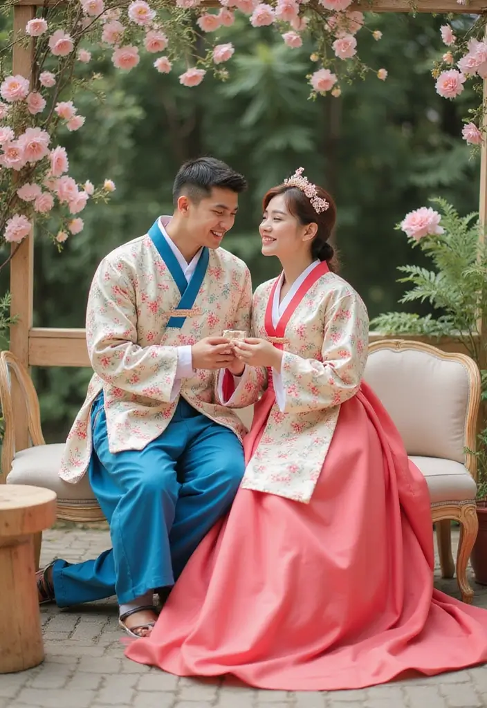 28 Korean Prenup Photoshoot Ideas That Feel Cinematic - 18. Elegant Garden Party