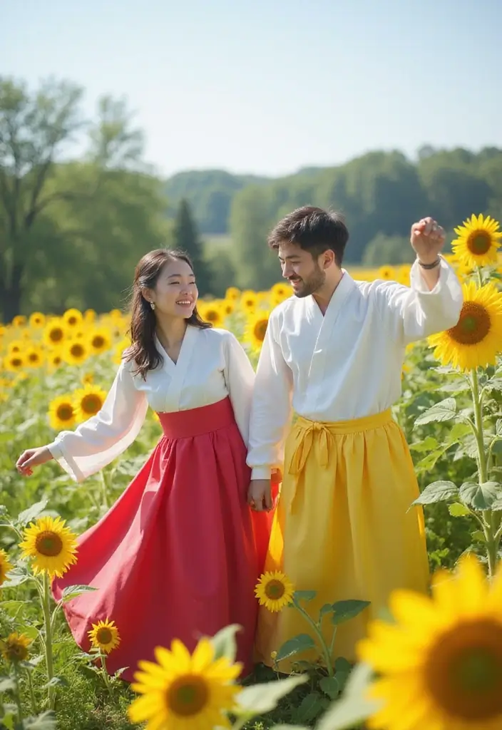 28 Korean Prenup Photoshoot Ideas That Feel Cinematic - 21. Sunflower Fields