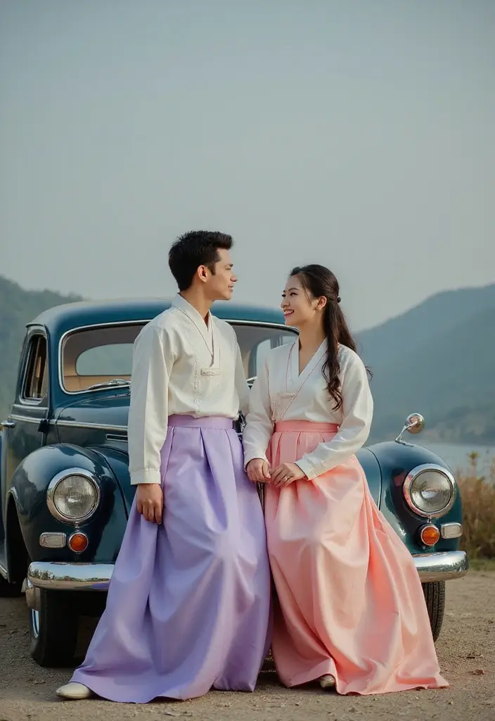 28 Korean Prenup Photoshoot Ideas That Feel Cinematic - 22. Classic Car Escape