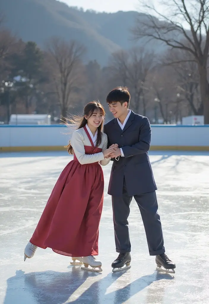 28 Korean Prenup Photoshoot Ideas That Feel Cinematic - 23. Ice Skating Adventure