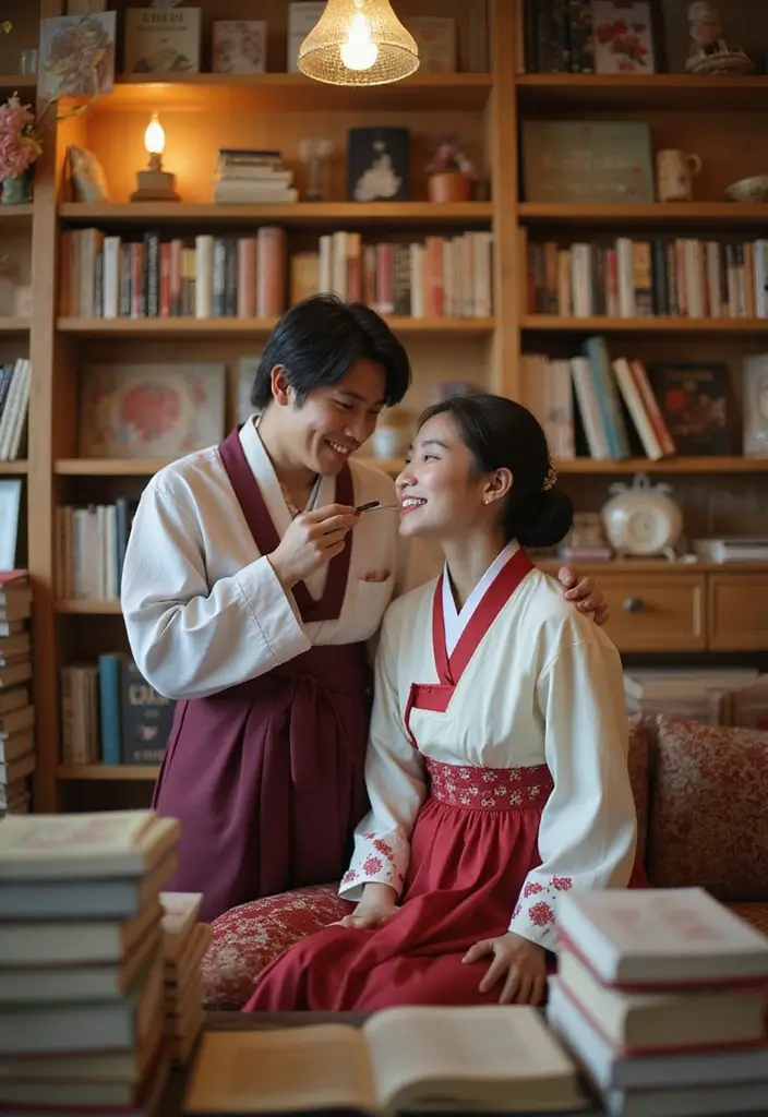 28 Korean Prenup Photoshoot Ideas That Feel Cinematic - 26. Cozy Bookstore Setting
