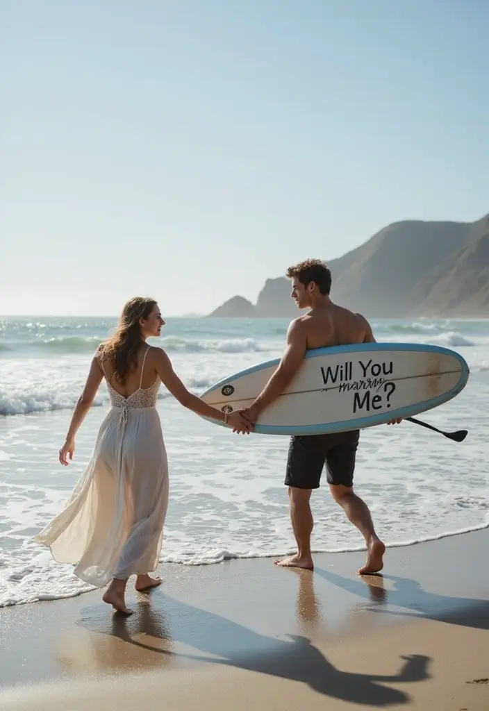28 Outdoor Proposal Ideas That Take Her Breath Away - 21. Surfboard Proposal