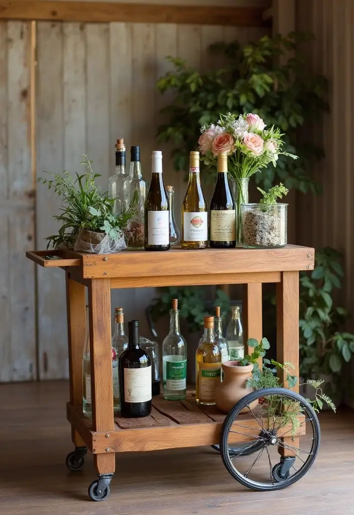 28 Wedding Bar Ideas That Keep the Party Flowing - 2. Rustic DIY Bar Cart