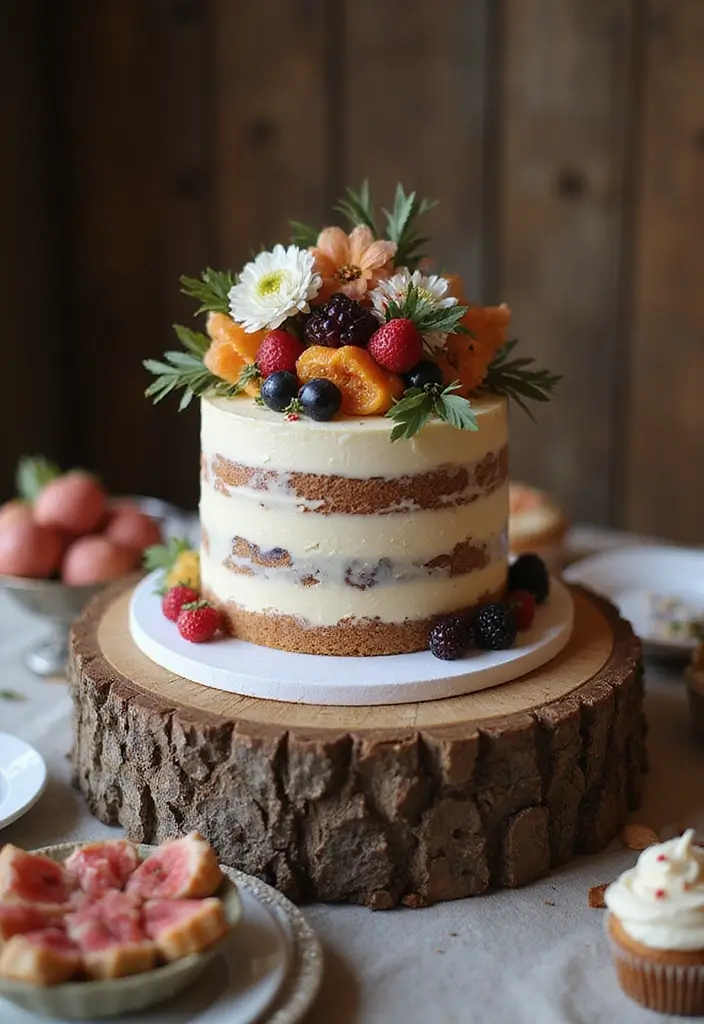 29 Boho Bridal Shower Ideas That Feel Effortlessly Beautiful - 9. Rustic Cake Display