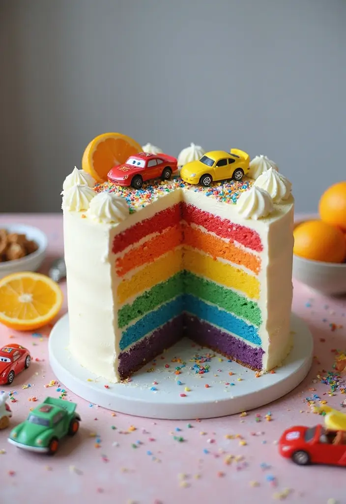 29 Race Car Birthday Cake Ideas That Thrill Any Fan - 17. Rainbow Race Car Cake
