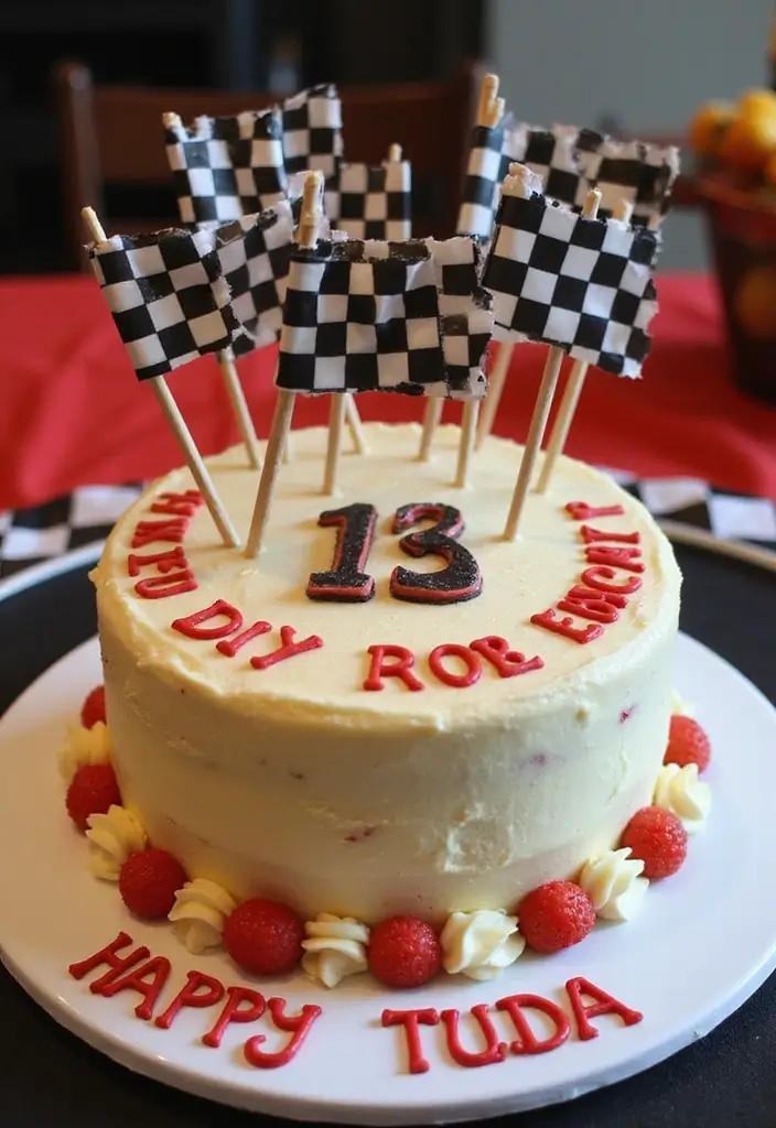 29 Race Car Birthday Cake Ideas That Thrill Any Fan - 21. Edible Racing Flags Cake