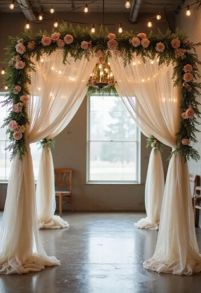 29 Wedding Arch Ideas Indoor Style That Stands Out - 2. Vintage Fabric Draping