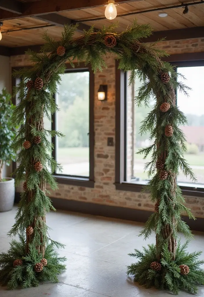 29 Wedding Arch Ideas Indoor Style That Stands Out - 20. Nature-Inspired Arch with Pinecones