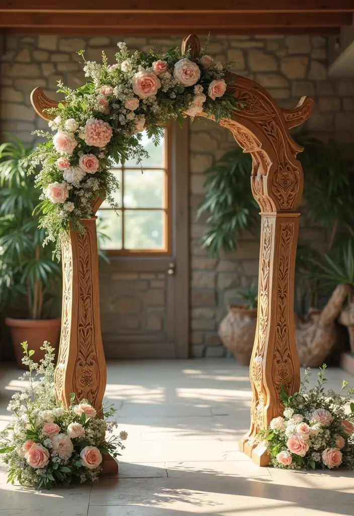 29 Wedding Arch Ideas Indoor Style That Stands Out - 25. Artistic Woodwork Designs