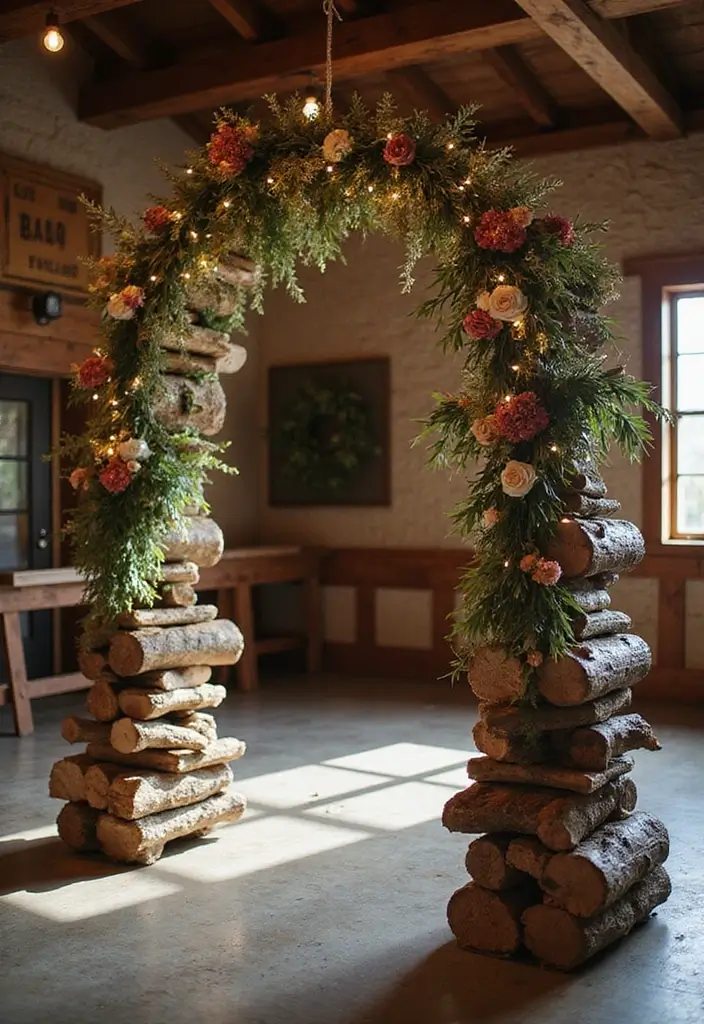 29 Wedding Arch Ideas Indoor Style That Stands Out - 6. Rustic Charm with Wood Logs