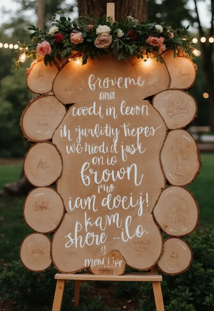 29 Wedding Banner Ideas That Add Festive Charm - 13. DIY Wood Slice Banner