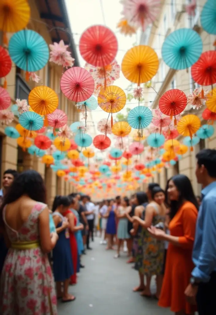 29 Wedding Banner Ideas That Add Festive Charm - 24. Colorful Paper Fan Banner
