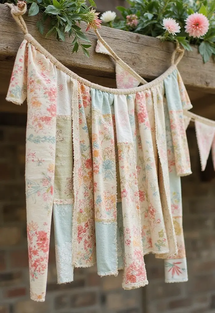29 Wedding Banner Ideas That Add Festive Charm - 25. Vintage Fabric Scrap Banner