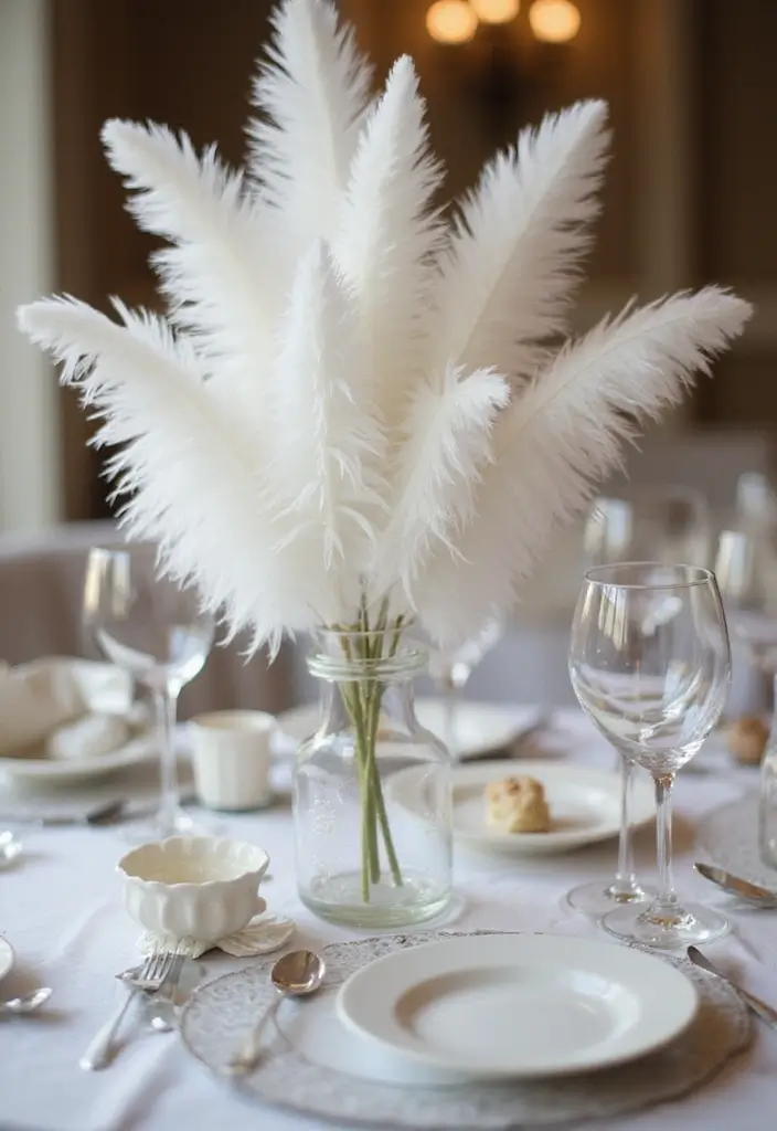 29 White Wedding Ideas That Feel Timeless - 16. White Feathers for Decor